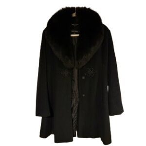 ELLEN TRACY Black Wool Blend Fox Trim Coat